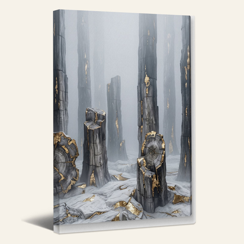 Art mural sur toile, "Troncs d'arbres brûlés avec feuille d'or dans la forêt brumeuse", H 24 po x l 16 po
