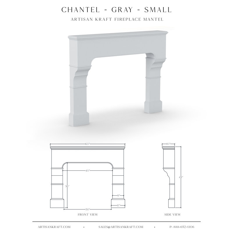 Chantel Cast Stone Fireplace Surround with Beveled Hearth, Gray, 10" x 60" x 49"