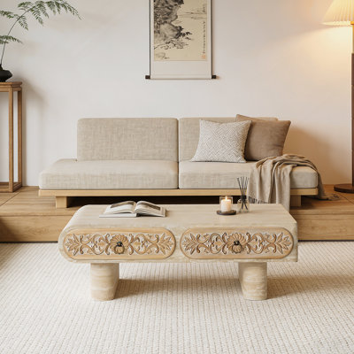 Table basse à bord arrondi avec tiroir en bois massif à motif floral, table basse pour salon, bureau