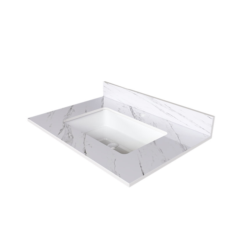 31 Inch Marble Vanity Top, White Vanity Top With Pre-Drilled Faucet Holes, Bathroom Vanity Top With Undermount Rectangular Middle Sink And 4" Height Backsplash,  Bianco Carrara Venato