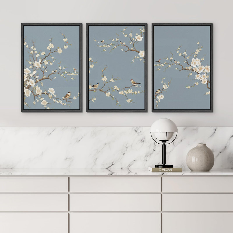 Fleurs de cerisier japonais minimes, H 24 po x l 48 po, Cadre flottant noir