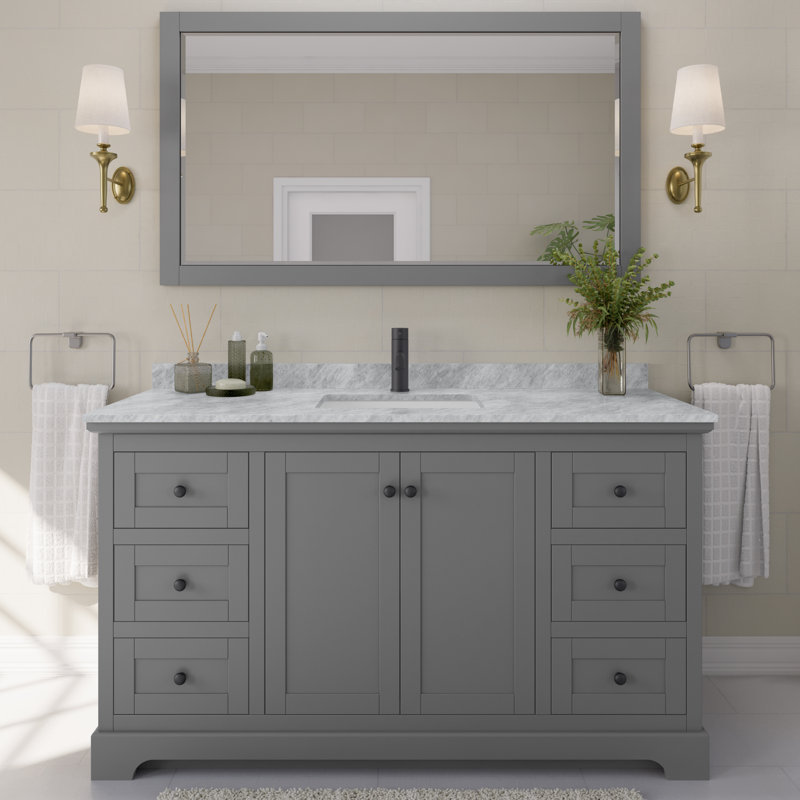 Ensemble de meuble-lavabo simple 60 po avec miroir Avery, Gris foncé, Noir mat