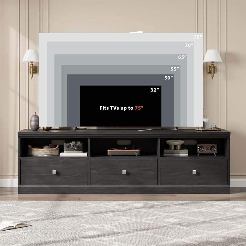 TV Console, With Open Shelves And Storage Drawer, Black