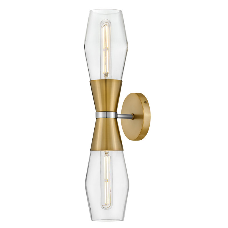 Livie 2-Light Tall Angular Wall Sconce with On/Off Button, Lacquered Brass
