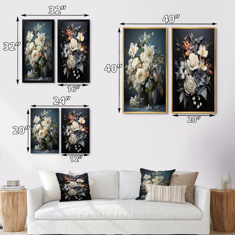 «White Blue Seasonal Flowers Seasonal Elegance», 2 pièces, Encadrement doré, H 40 po x l 40 po