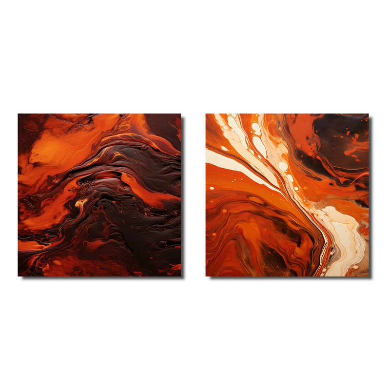 Ensemble de 2 colles carrées Moler Fiery Flame III - encre liquide abstraite, Toile tendue, H 36 po x l 73 po
