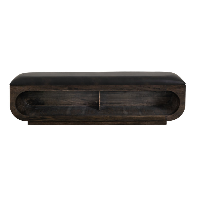 Wooden bench with a cushioned seat and open storage underneath., Dark Brown, Black