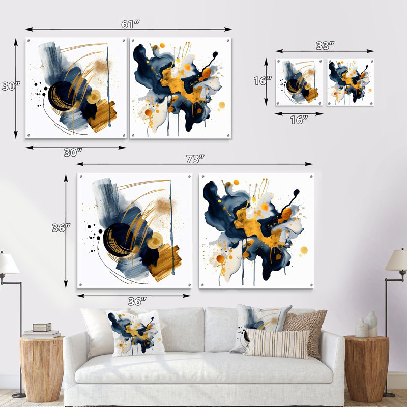 Teal Adn Gold Elegance III - ensemble de 2 peintures murales abstraites en acrylique, H 16 po x l 33 po