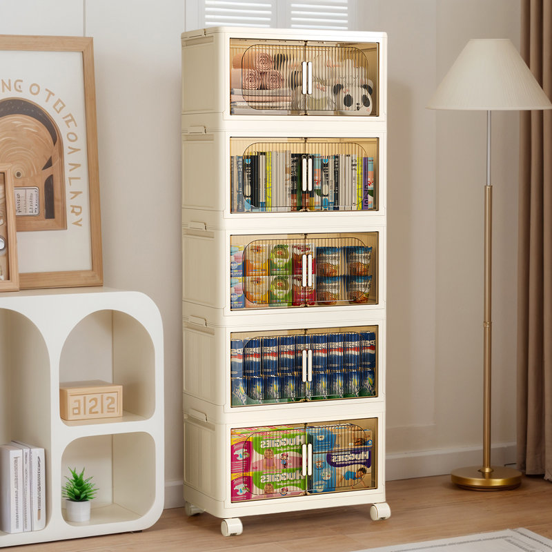 Bacs de rangement empilables et pliables avec couvercles et roulettes, 156, Beige / transparent