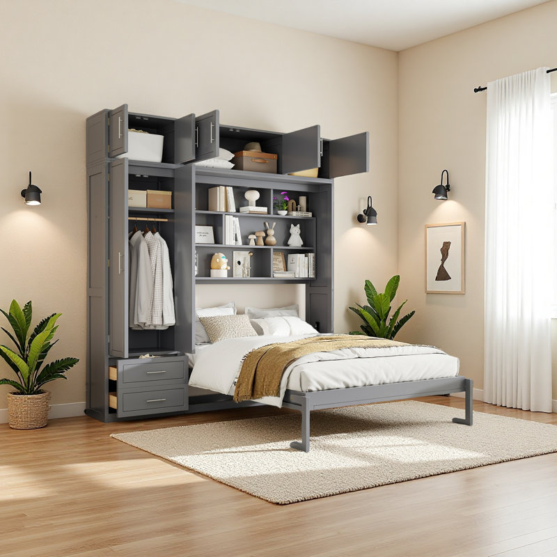 Grand lit escamotable mural avec armoire supérieure, tablettes et garde-robe, lit pliable peu encombrant, Gris