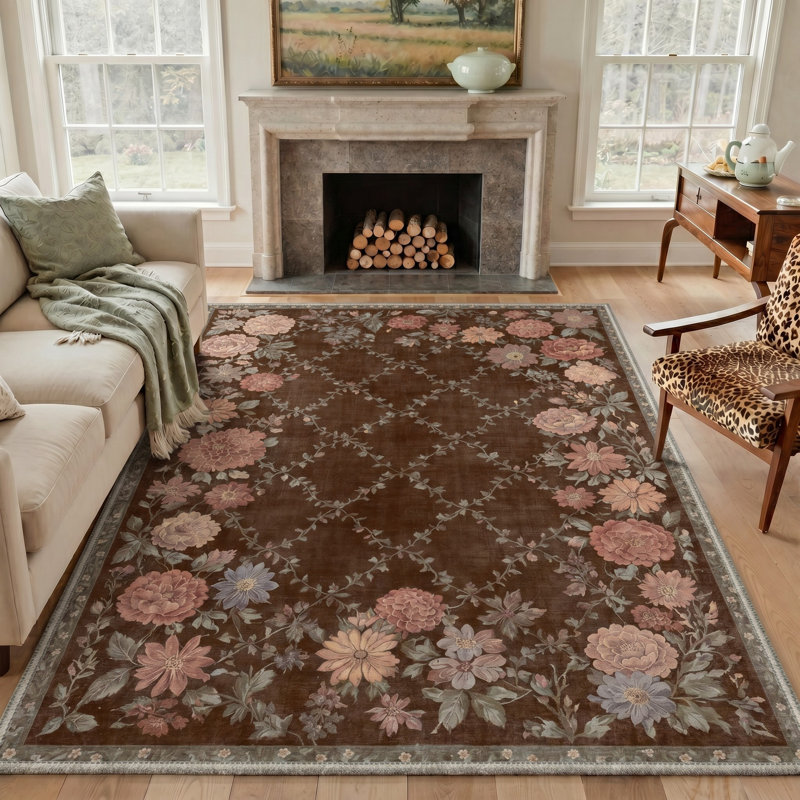 Tapis floral brun / rose lavable à la machine avec envers antidérapant, Rectangulaire 8 pi x 10 pi