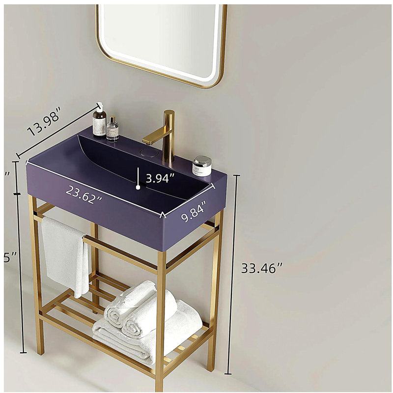 Commode de salle de bain 24 po avec bol en céramique, ensemble de comptoir de salle de bain indépendant, bol en céramique rectangulaire sans robinet