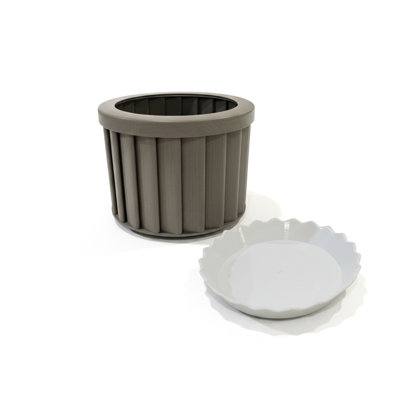 Pot à fleurs rond gris et brun en aluminium léger avec drainage prédécoupé et plateau intérieur moderne avec finition en tons de bois pour le rangement de l'eau