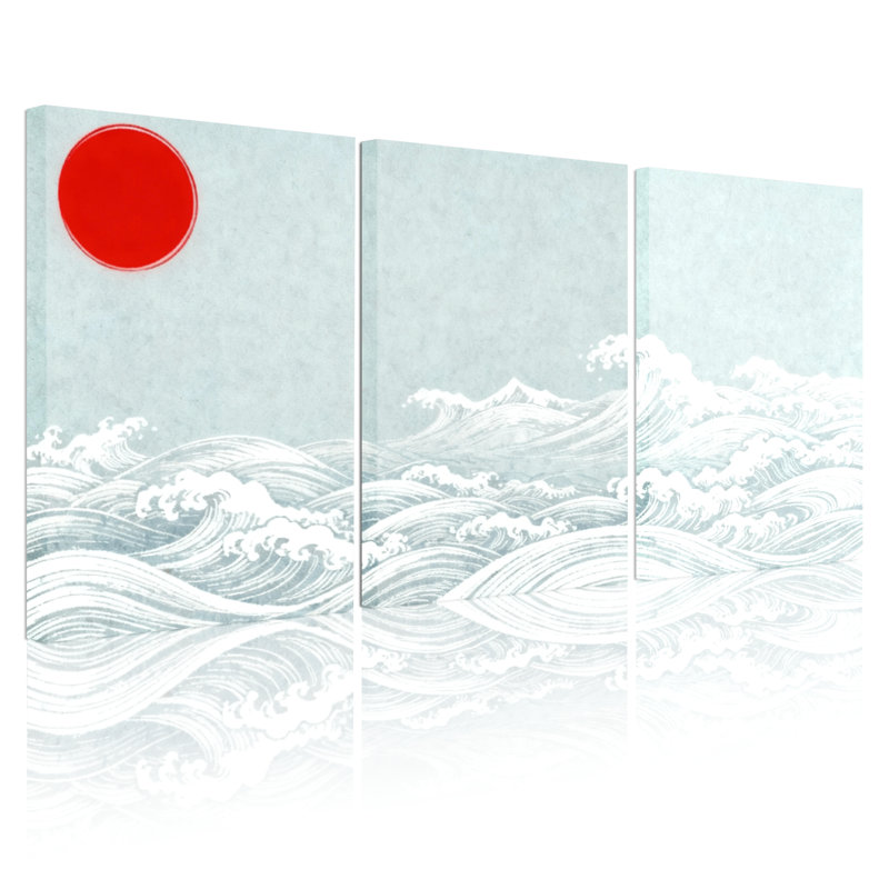 Nautique et plage, vague japonaise et soleil rouge, ensemble de 3 impressions sur toile, H 24 po x l 48 po