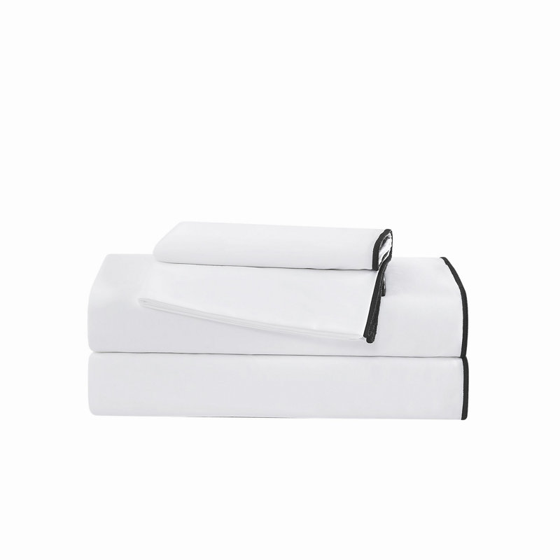 Ensemble de draps en percale 200 fils Brooklyn Loom, Blanc / noir, Ensemble de draps pour grand lit avec 2 taies d'or