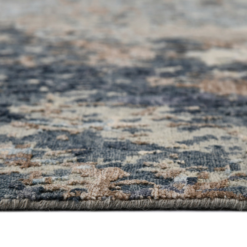 Blue Abstract Hand-Knotted Wool and Silk Rug, 2' x 3'