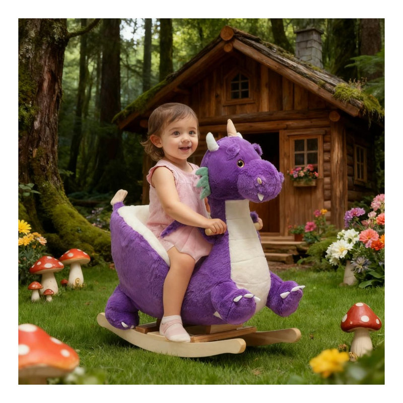 Cheval à bascule mauve avec effets sonores pour tout-petits, siège d'équilibre en bois avec structure en acier