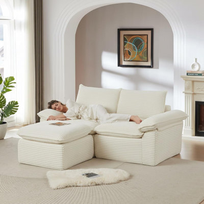 Canapé modulaire en nuage de 80 po avec méridienne en forme de L, canapé modulaire en velours côtelé avec repose-pieds, canapé désossé avec assise profonde dans une boîte pour le salon, aucun assemblage requis (blanc)