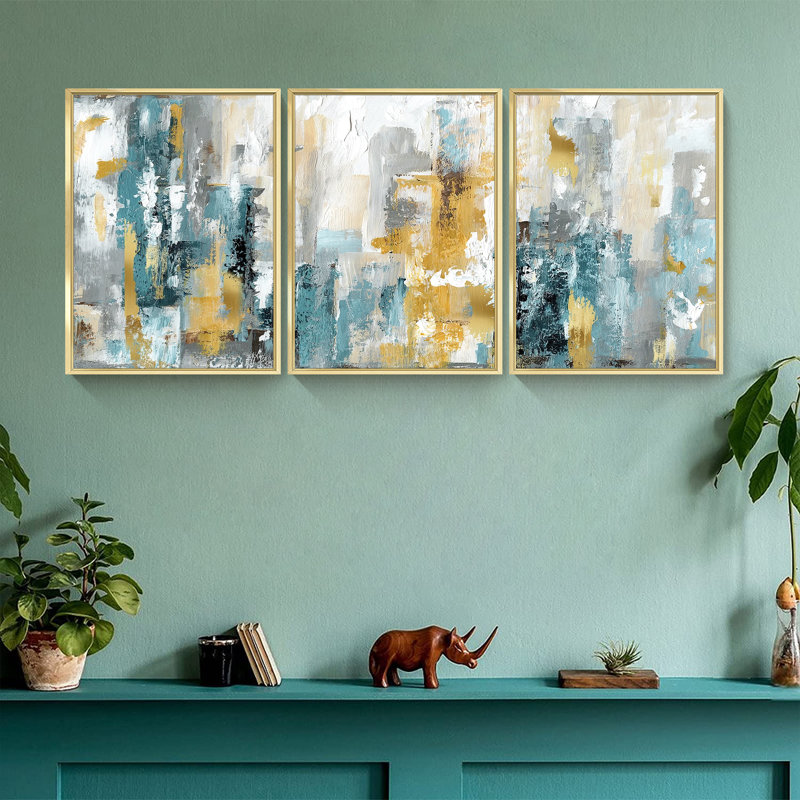 «Modern encadré abstrait», ensemble de 3 peintures sur toile encadrées, H 16 po x l 25 po, Encadrement doré