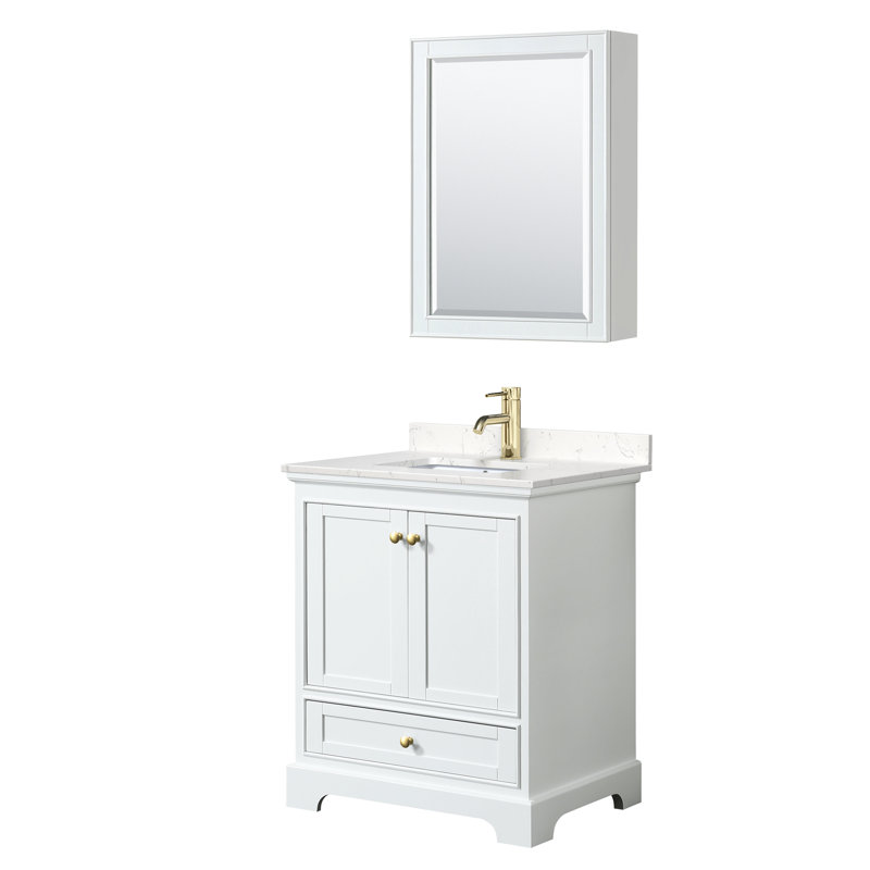 Ensemble de meuble-lavabo simple 30 "avec miroir Deborah, Marbre de culture de Carrare, Blanc, Or brossé