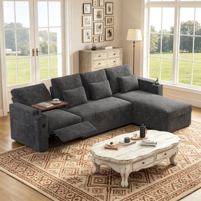 Chenille 108" Wide Reversible Sleeper Sofa & Chaise with USB Ports and Built-in Storage, L-Shape Convertible Sectional Sofa Bed with Removable Tray Table and Footrest, Dark Gray