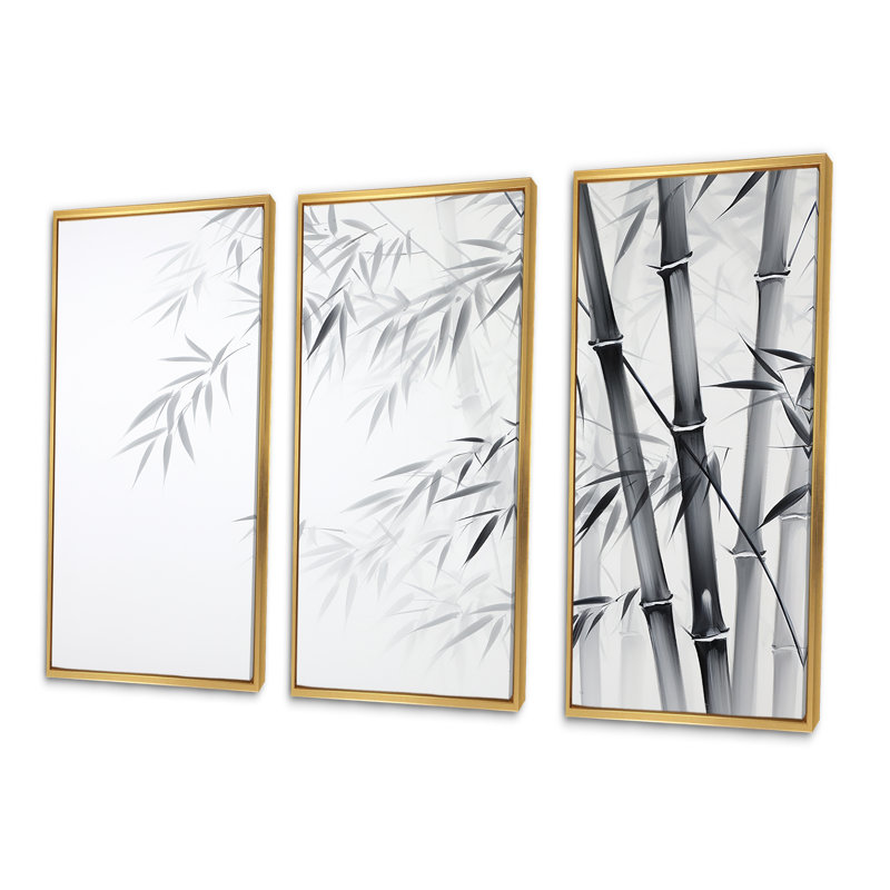 «Black and White Wild Bamboo V», ensemble de reproductions d'art mural en bambou, Cadre flottant doré
