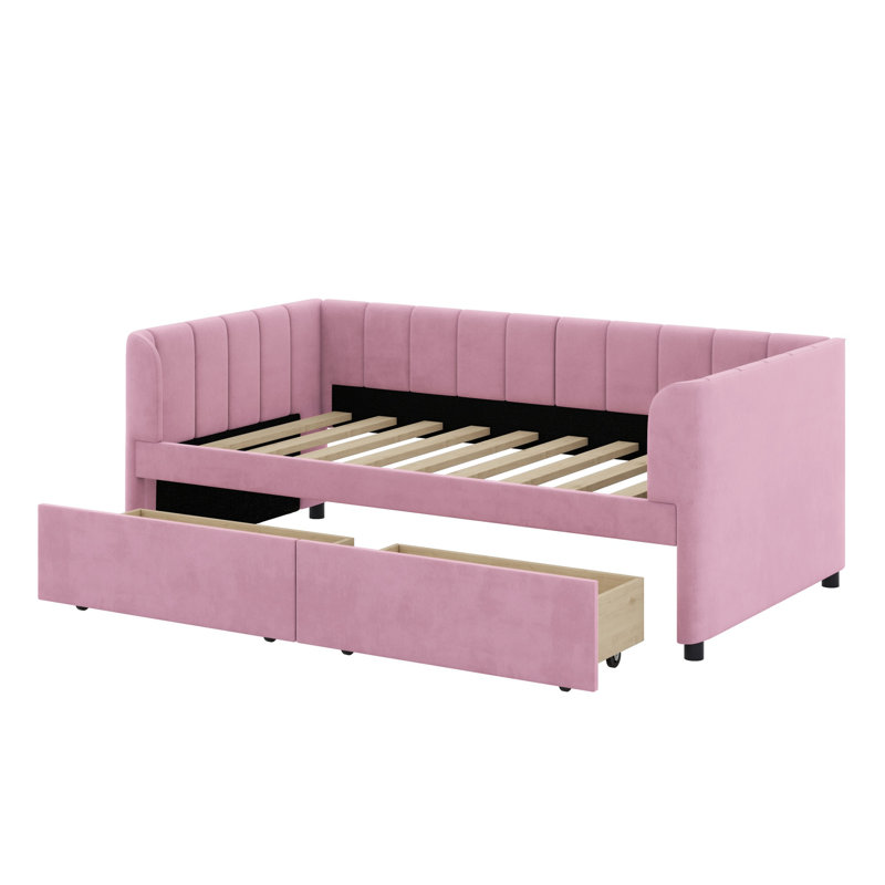 Lit de jour rembourré avec dossier ergonomique et tiroirs, Rose