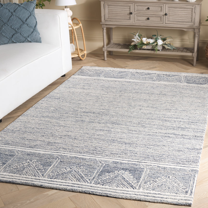 Laine de pin touffetée à la main 805 Coton Tapis géométrique en latex bleu / ivoire, Rectangle 5 pi x 8 pi