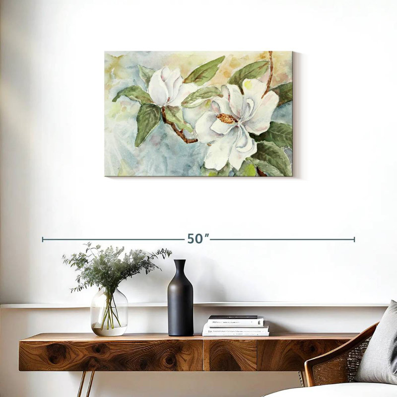 Branche de magnolia Harnek, aquarelle blanche, H 20 po x l 30 po