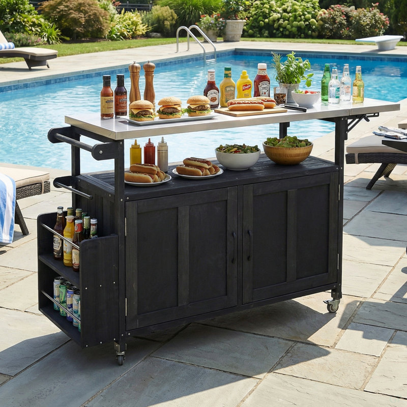 Foldable Outdoor Kitchen Island Patio Mobile Kitchen Cart Portable Outdoor Cooking Island With Lockable Wheels, Storage Cabinet And Towel Rack For Patio And Outdoor