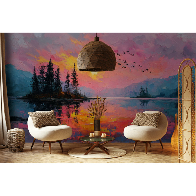 Adhésif mural coucher de soleil avec arbres Sunset, 100 po x 96 po, Non tissé