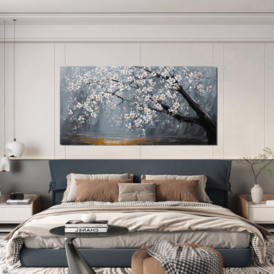 Grande toile murale, art floral noir et blanc, images pour le salon, la chambre à coucher, le bureau, le bureau, art mural botanique moderne, œuvre d'art pour décoration murale 24 "x 48"