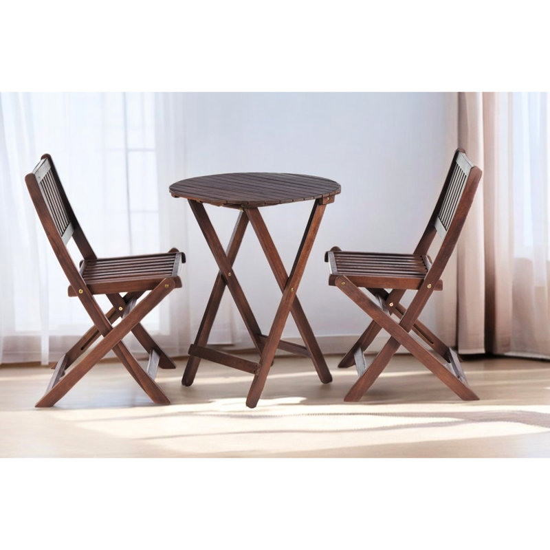 Wood 3 Bistro Patio - Folding Chairs & Coffee Table For Gardens, Backyards, Balconies, Porches, Elegant Brown Natural Stain Finish