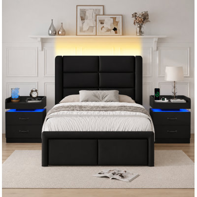 Faux Leather Upholstered Bed Frame with Headboard + 2-Drawer Nightstand with Charging Station, USB Ports & Outlets, Complete 3-Piece Bedroom Set