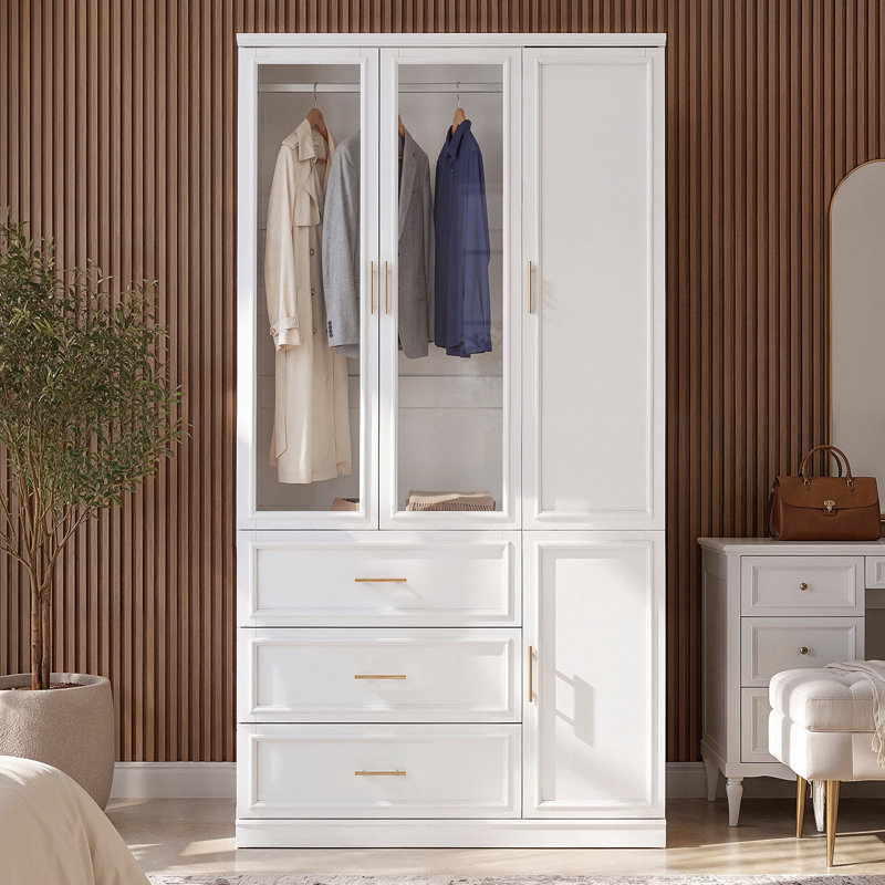 Armoire en bois massif à 3 portes de 220 cm de hauteur, avec portes vitrées, 3 tiroirs et tringle à vêtements.