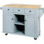 Îlot de cuisine avec rangement interne, 5 roulettes, abattant gris-bleu, 3 tiroirs pour un espace de bureau fonctionnel