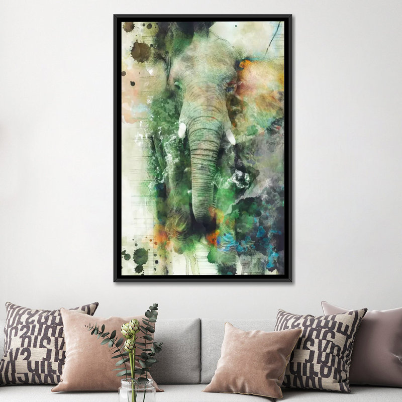 «Elephant», impression sur toile, H 60 po x l 40po x P 1,5 po, Toile avec cadre noir, Pas de tapis