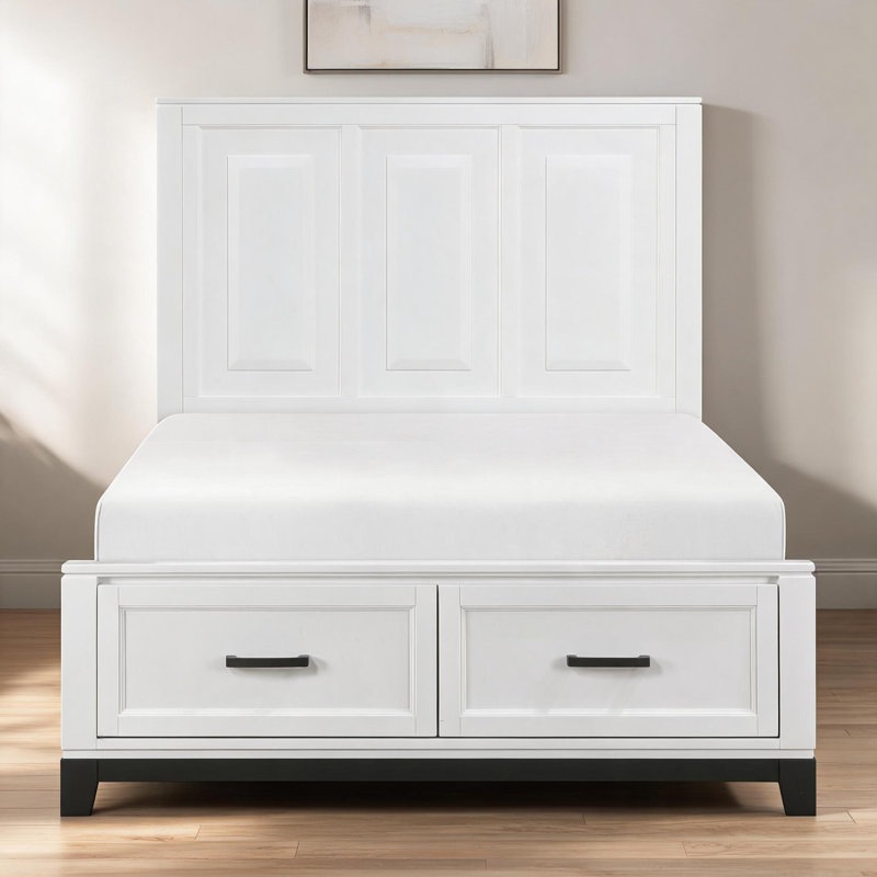 Lit plateforme double en bois massif rustique pleine grandeur avec tiroirs de rangement au pied de lit, ton blanc, Double