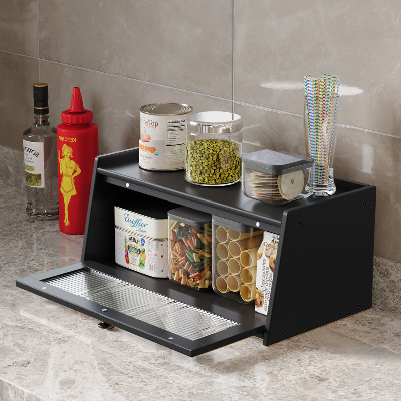 Bamboo Food Storage Container Bread Box For Kitchen Counter , Black