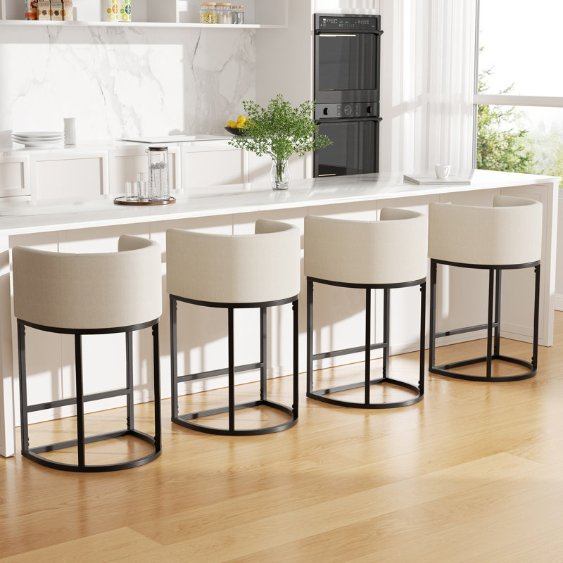 Stylish Barrel-Back Bar Stool with Cushioned Seat and Black Metal Frame (Set of 6), 4, Beige