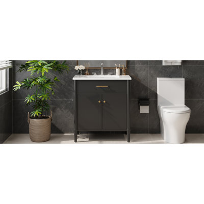 Meuble-lavabo de 31 po en noir, profil incurvé pour une utilisation élégante et élégante, charnières à fermeture en douceur, faux tiroir, lavabo en céramique, cadre à pieds noir de 31 po avec salle de bain fonctionnelle, portes