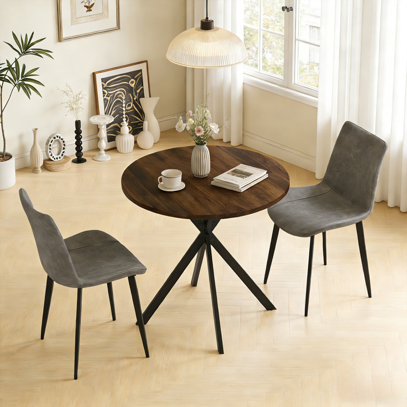 31.6 Inch Dining Table And Chairs For 2, Mid Century Modern Round Table Set, Space Saving For Apartment Kitchen Dining Room Walnut Table &2 Dark Gray Chairs