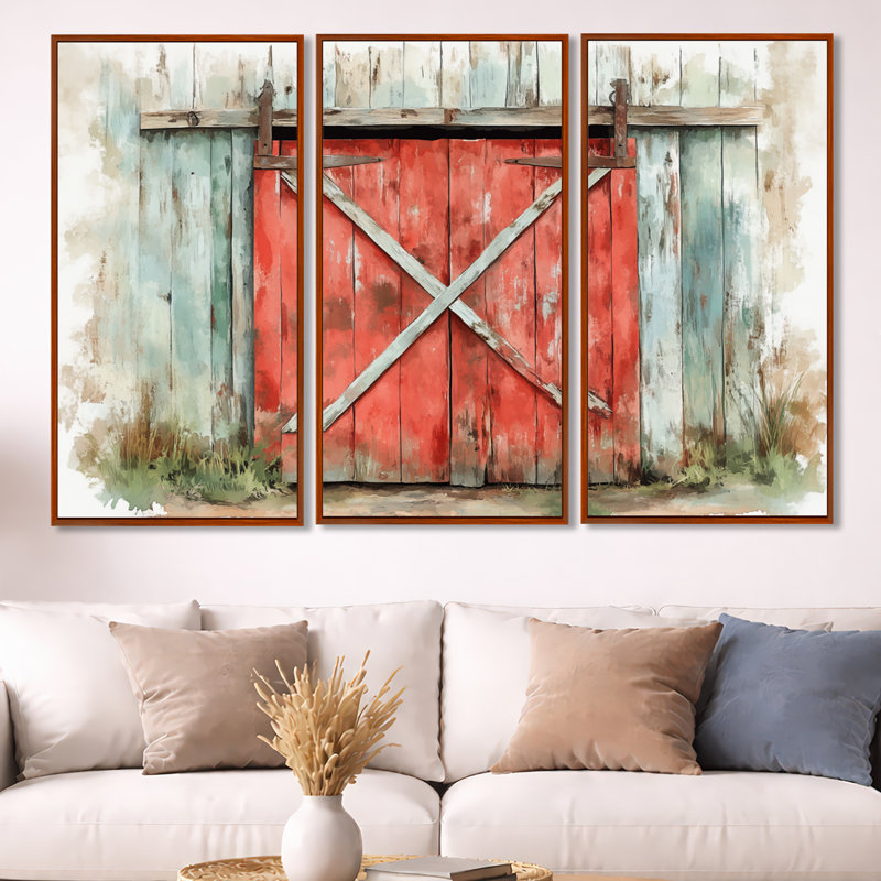 Porte de grange rouge rustique - Art mural encadré 3 pièces, 40" H x 60" W, Cadre flottant brun
