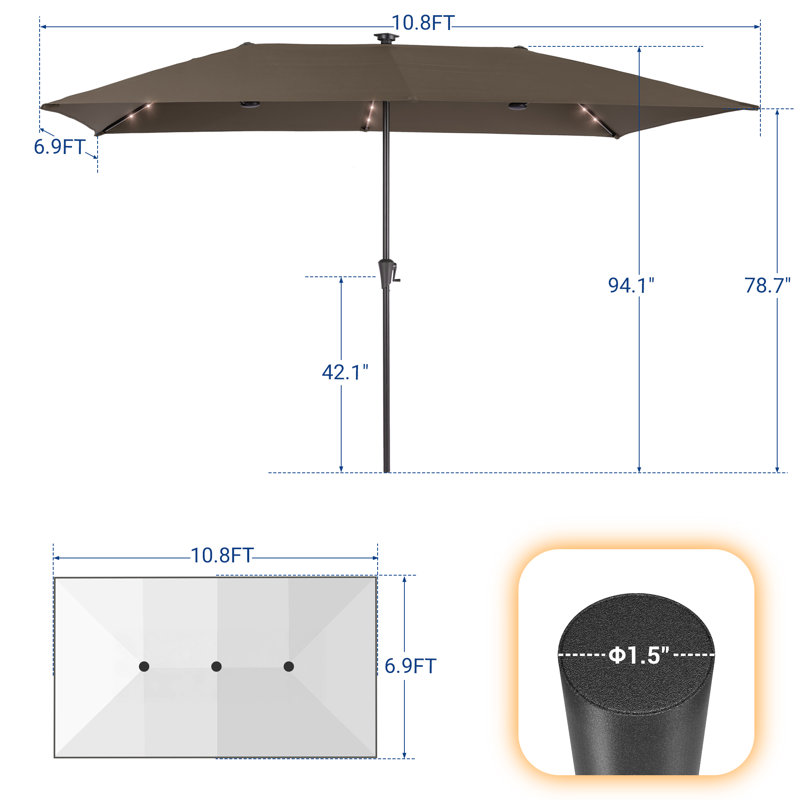 Parasol de marché extérieur 11 pi x 7 pi DEL à double face avec manivelle, Taupe