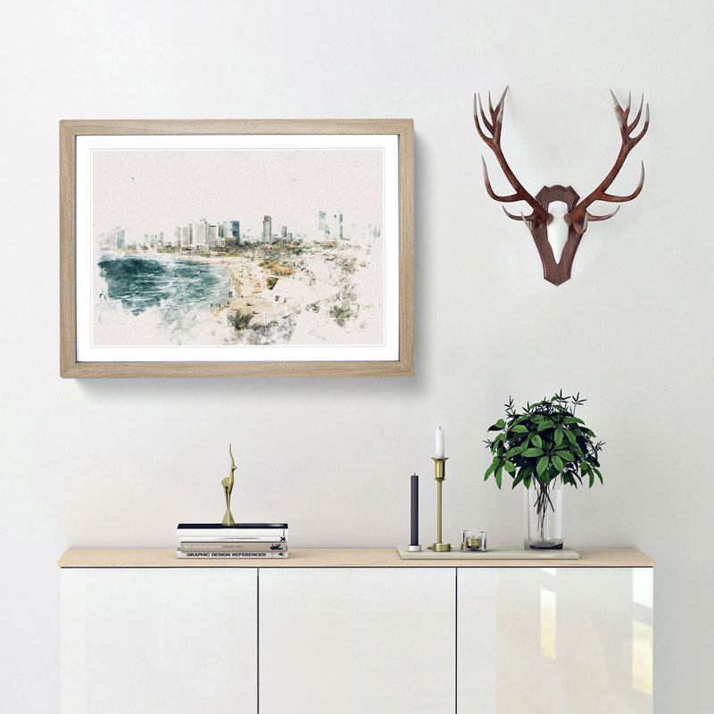 Tel Aviv Israel Skyline - Picture Frame Painting Print, 62cm H x 87cm W x 2cm D, Oak Framed