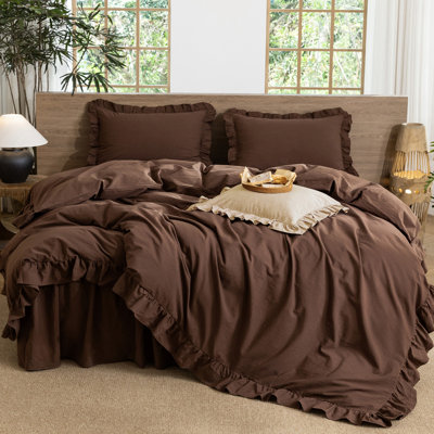 MooMee Ruffle Duvet Cover Set Lightweight Breathable 100% Washed Cotton Linen Like Textured