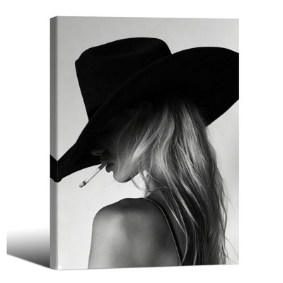 Rendy Black And White Framed Wall Art Cool Western Woman Smoking Prints Fashion Cowboy Hat Poster Unique Rustic Farmhouse Decor Minimalist Female Portrait Painting Picture 8X10inch