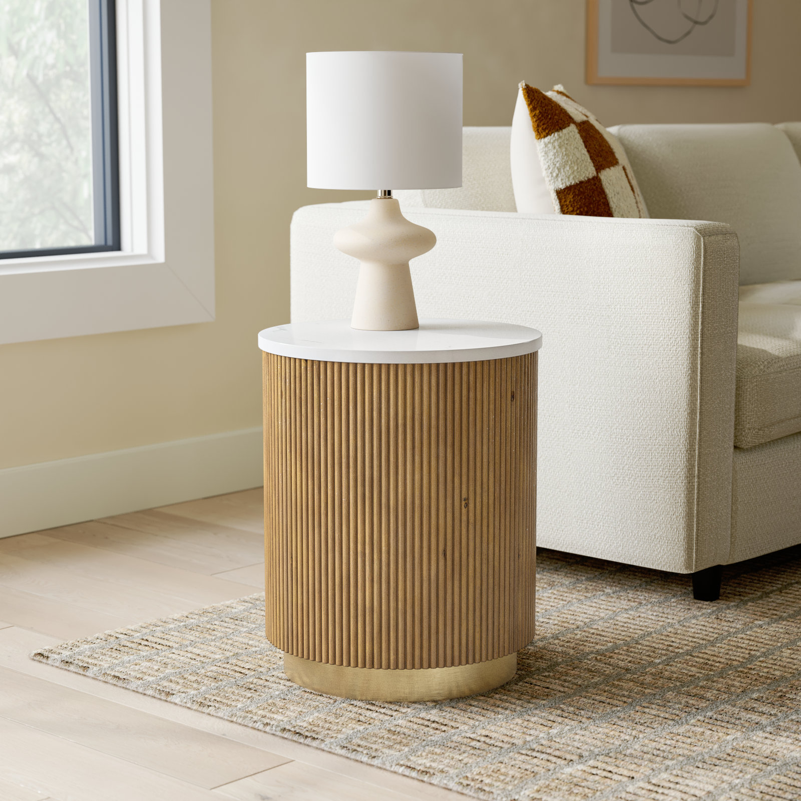 Rylee 18" Genuine Marble End Table, White Top / Wood/Gold Base