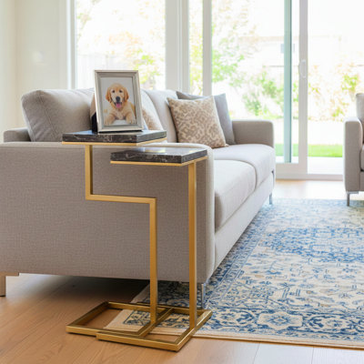 Modern Genuine Marble Accent Table In C-Framed Shape - Multi-Purpose Stackable Narrow End Table  Or Side Table For Living Room Decor - Set Of 2, 25", Black