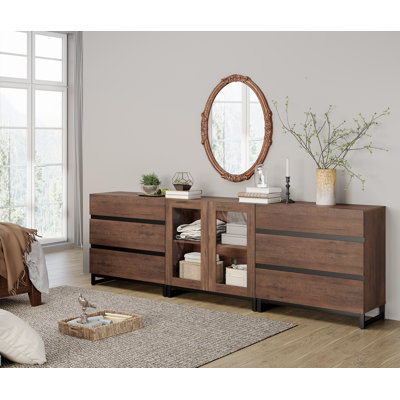 3 In 1 Multifunctional Dresser With Glass Doors And 6 Drawers, Modern Chest Of Drawers With Adjustable Shelf And Metal Base, Closet Organizers And Storage Cabinet For Bedroom